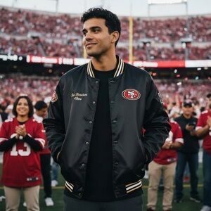 RARE San Francisco 49ers Black Satin Bomber Jacket Team Apparel Size L New